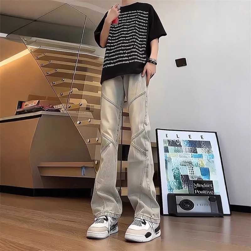 黑色微喇牛仔裤男夏季薄款拼接设计感裤子美式高街vibe显瘦直筒裤