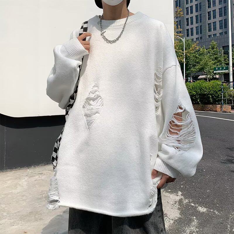 原创小众重工破洞白色毛衣情侣针织衫男嘻哈潮牌慵懒风破坏感线衣