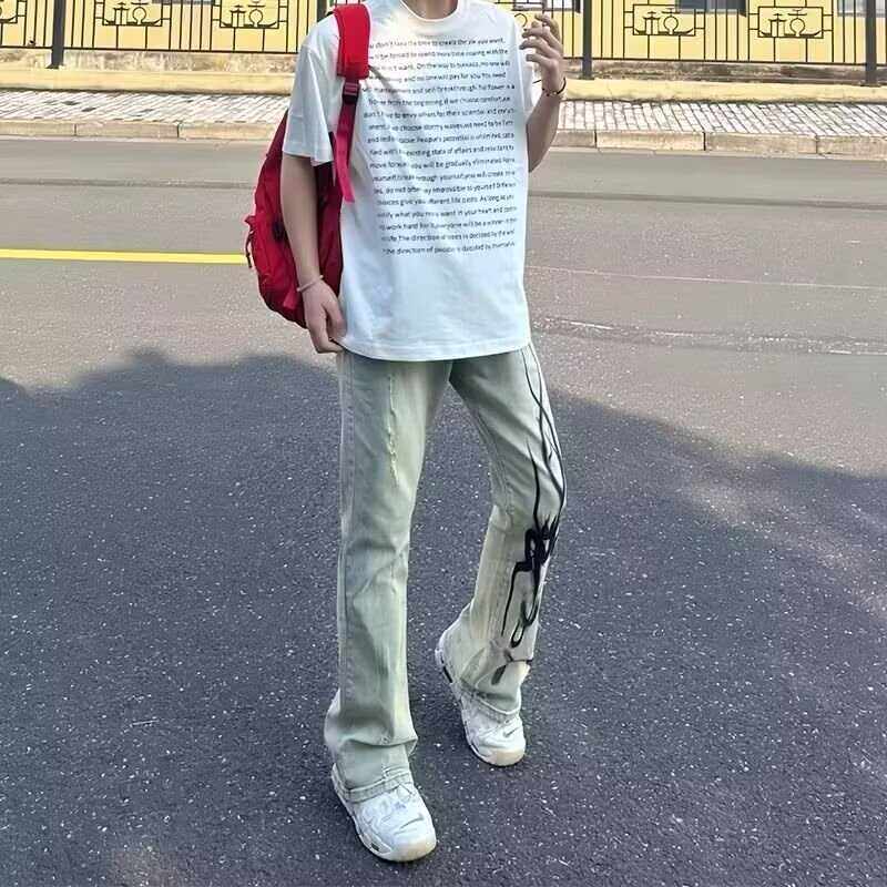 美式高街水洗做旧复古微喇叭牛仔裤男款火焰残影印花显瘦拖地裤子