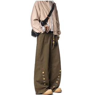 美式复古纽扣休闲牛仔裤男款春夏季直筒宽松美拉德棕色男生长裤子