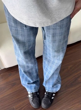 蓝色复古格子牛仔裤男夏薄款美式水洗直筒阔腿裤子高腰加长弯刀裤