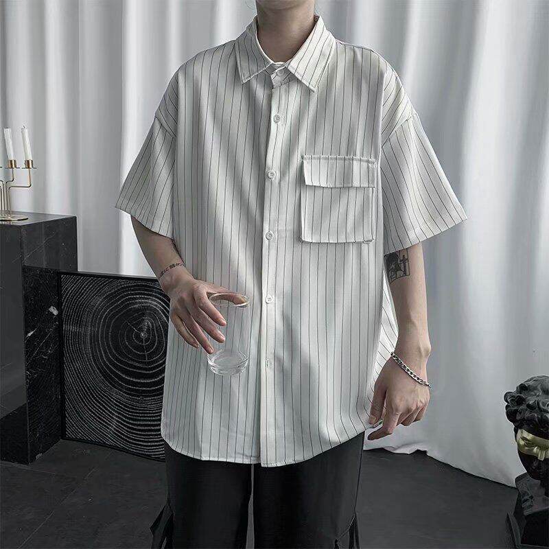 港风条纹衬衫男短袖夏季宽松痞帅