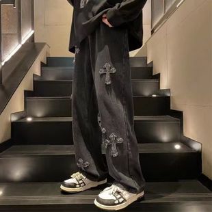 刺绣休闲长裤 十字架牛仔裤 潮牌复古直筒宽松秋冬季 高街男款 子 美式