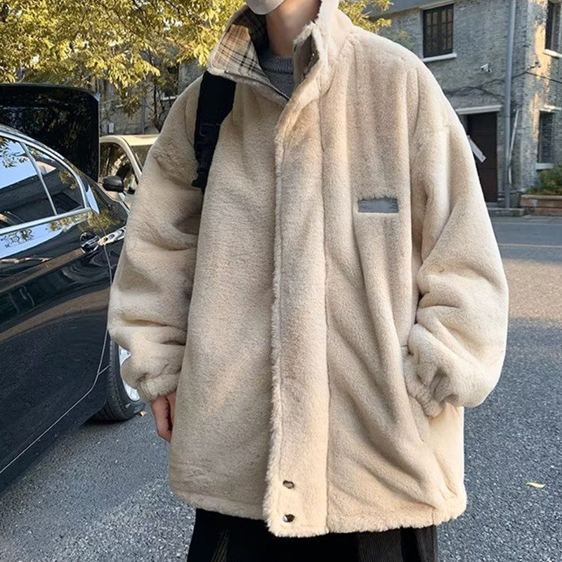 两面穿羊羔毛外套男士冬季棉衣潮牌格子翻领加绒加厚帅气棉服棉袄
