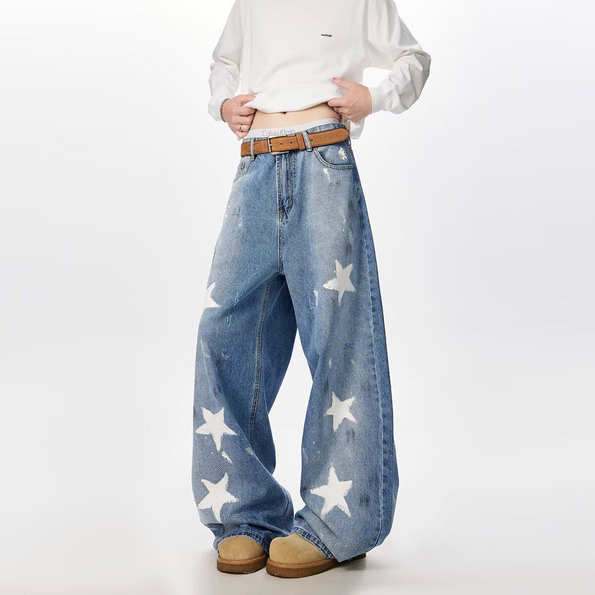 复古蓝美式高街星星牛仔裤男款秋季设计感独特小众裤子直筒微喇裤