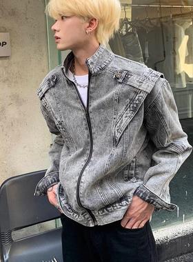 美式复古灰色短款牛仔外套男春秋季小众设计高级感拼接重工装夹克