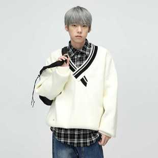 小众不规则v领毛衣男女同款春秋季宽松慵懒风条纹撞色套头针织衫