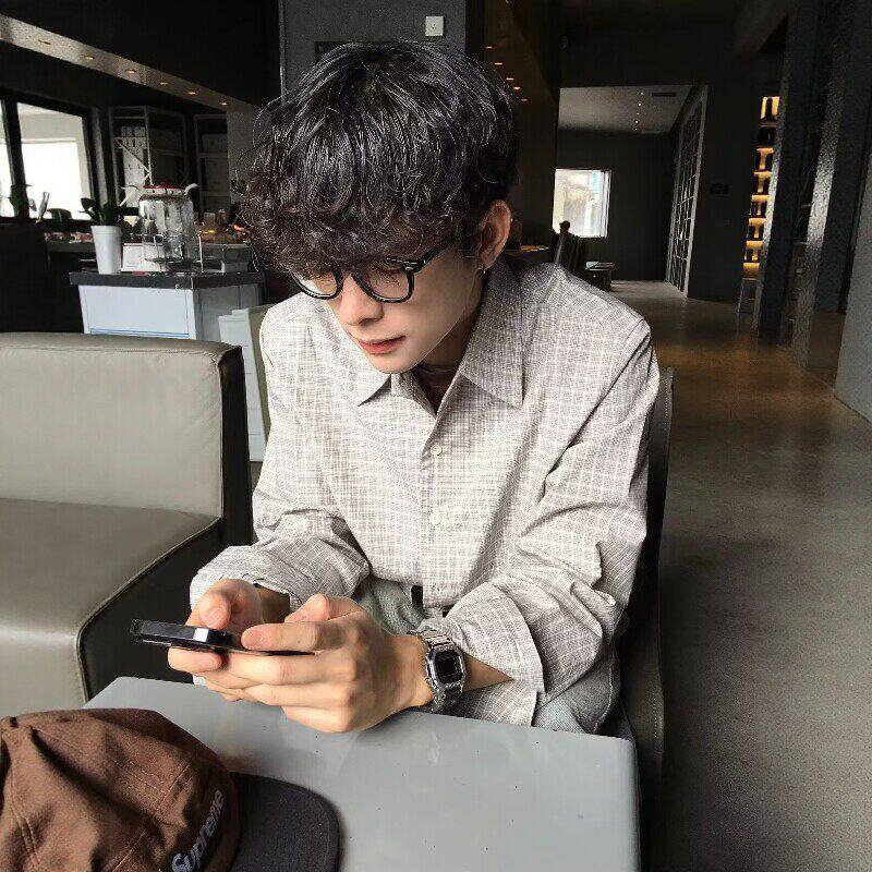 灰色细格纹早春衬衫男长袖美式
