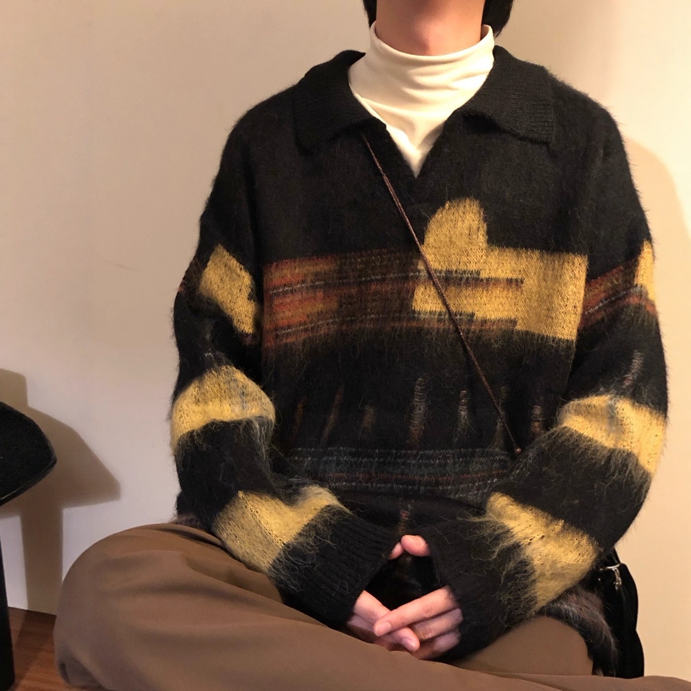 小众美式复古慵懒风针织衫男女做旧宽松设计感条纹polo领休闲毛衣