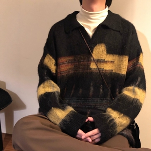 小众美式复古慵懒风针织衫男女做旧宽松设计感条纹polo领休闲毛衣