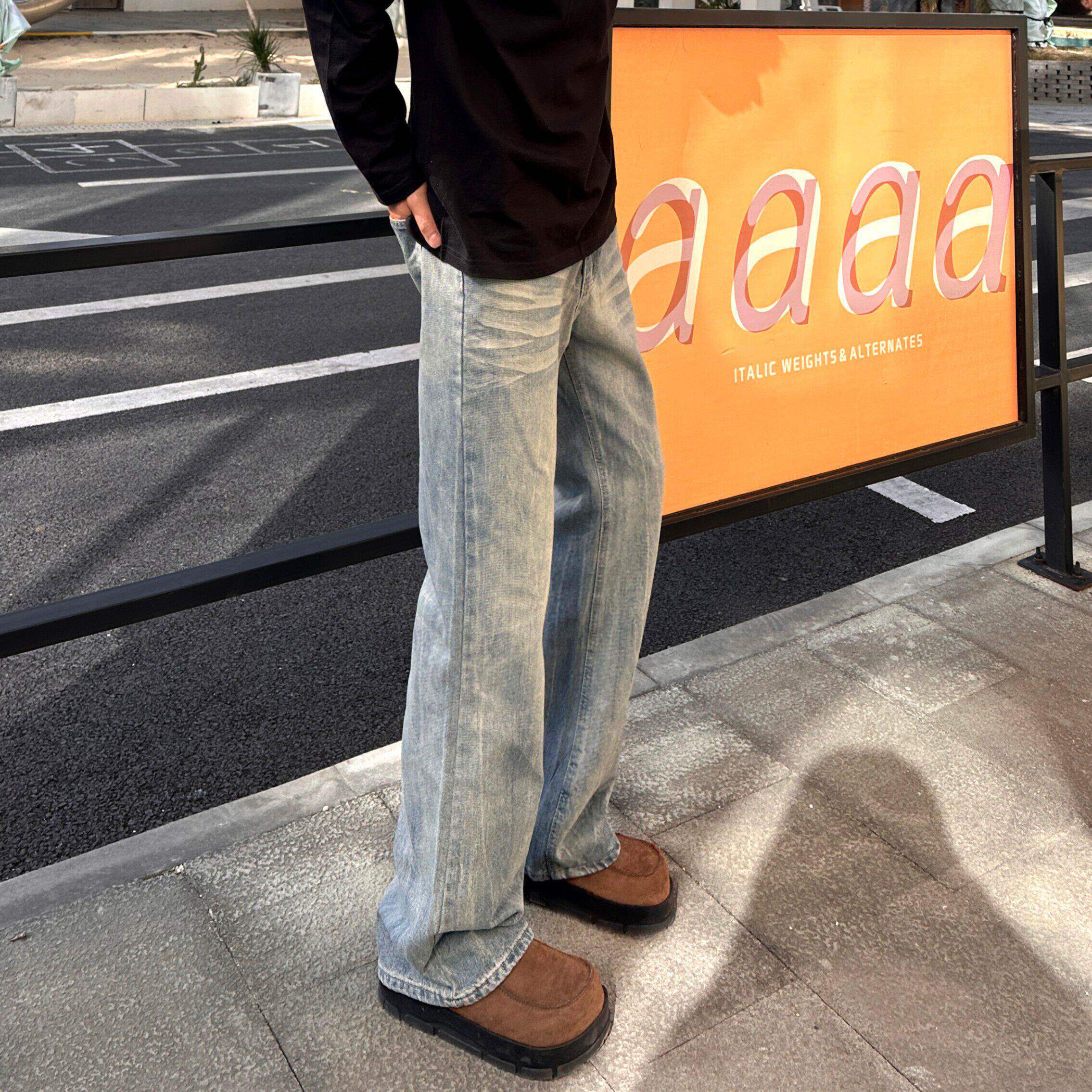 复古蓝竹节纹微喇牛仔裤男款高个子加长修身裤子窄版显瘦直筒长裤