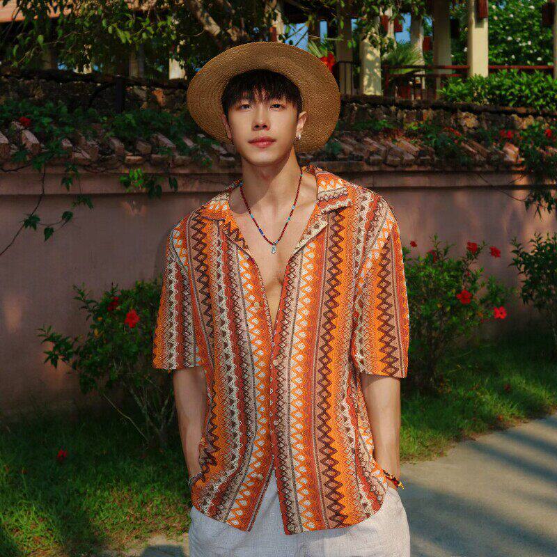 东南亚海岛度假风高级感chic针织衬衫男2026新款海边穿搭短袖上衣