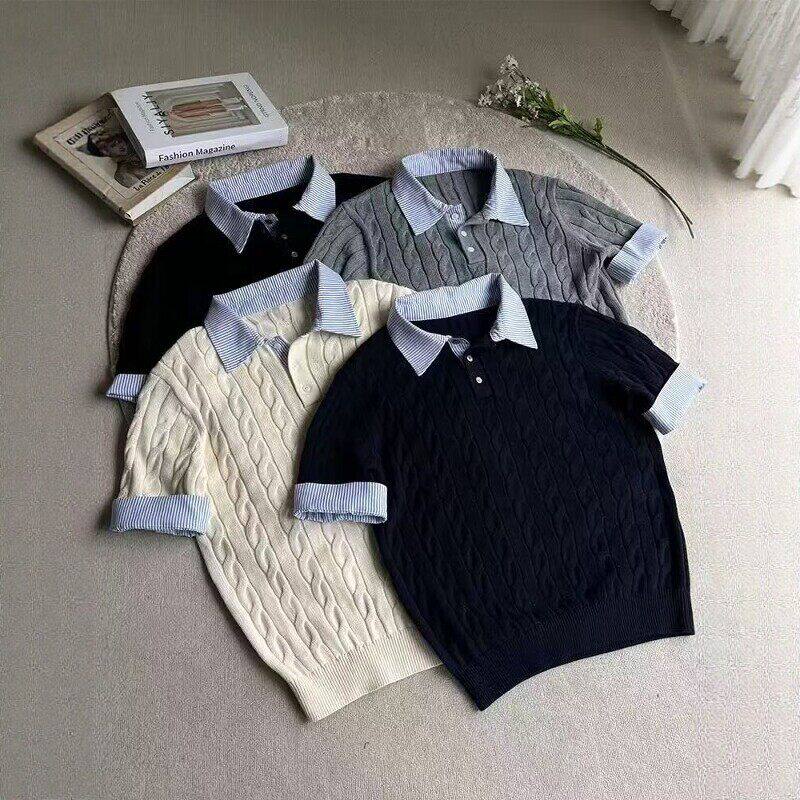 藏蓝色假两件针织短袖polo衫男款美式复古拼接正肩t恤老钱风半袖