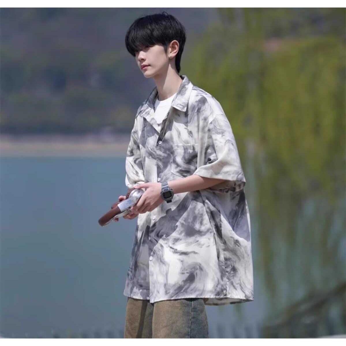 冰丝短袖衬衫男士夏季薄款扎染花衬衫潮牌慵懒风衬衣宽松翻领外套