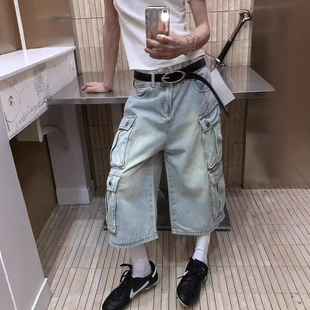 美式复古水洗做旧多口袋工装牛仔短裤男女高街宽松直筒阔腿七分裤