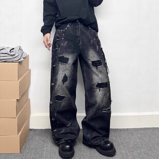 新款潮牌宽松大直筒黑色水洗涂鸦假破洞牛仔裤重磅美式潮裤高级感