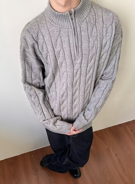 灰色麻花半拉链立领针织卫衣男秋冬季美式慵懒风重磅保暖打底毛衣