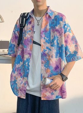 vintage衬衫巴洛克紫色扎染短袖衬衣男设计感小众碎花古巴领寸衫