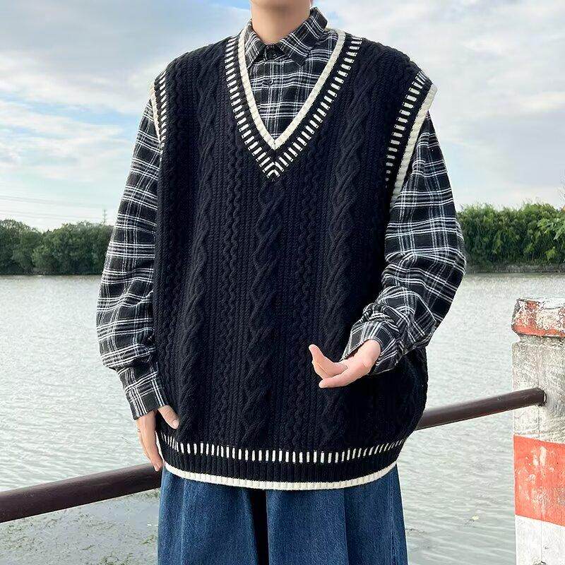 V领麻花毛衣背心男日系复古学院风秋冬内搭慵懒风休闲针织衫马甲