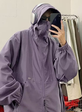 紫色三防连帽冲锋衣外套男春秋季美式户外登山服高级感防风夹克