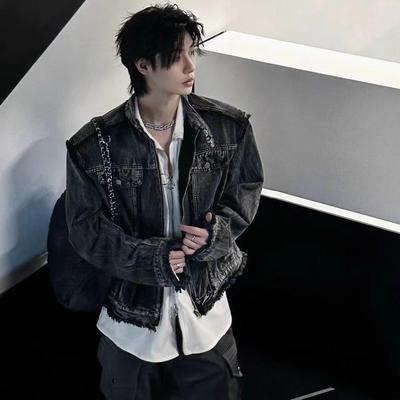 牛仔流苏毛边设计小众垫肩外套