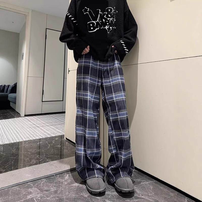 美式复古磨毛格子裤男款潮牌痞帅炸街裤子hiphop宽松慵懒风休闲裤