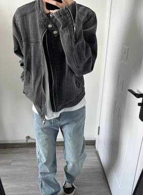 深灰色cleanfit短款垫肩牛仔外套男美式复古水洗高级感哈灵顿夹克
