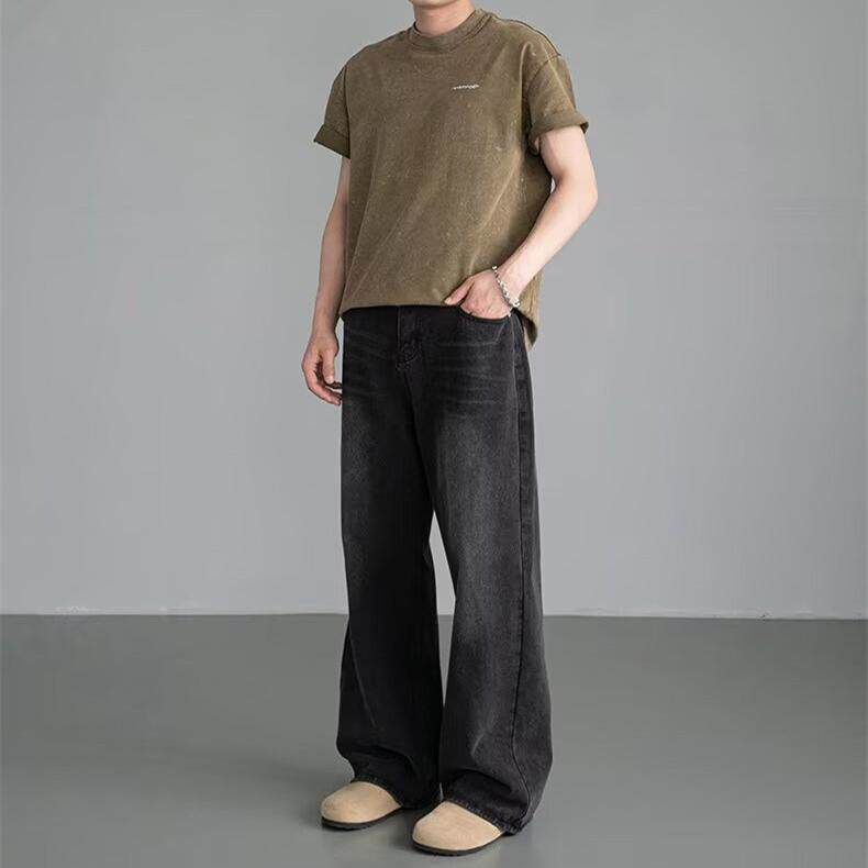2024秋冬美式复古vibe松紧腰牛仔裤男宽松直筒cleanfit阔腿长裤子