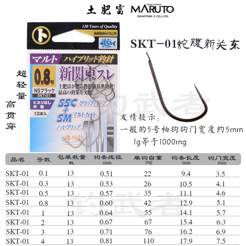 日本原装进口新关东轻量细条鱼钩土肥富SKT无倒刺蛇腹鲫鱼黄尾钩