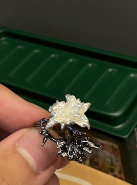 新款黑白双生花戒指女