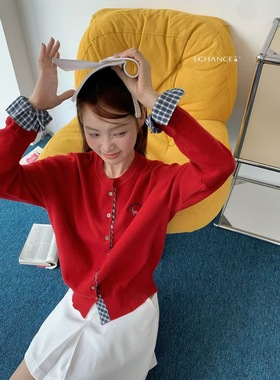 SY韩系新款时尚高品质圆领拼接假两件针织开衫女毛衣外套上衣女