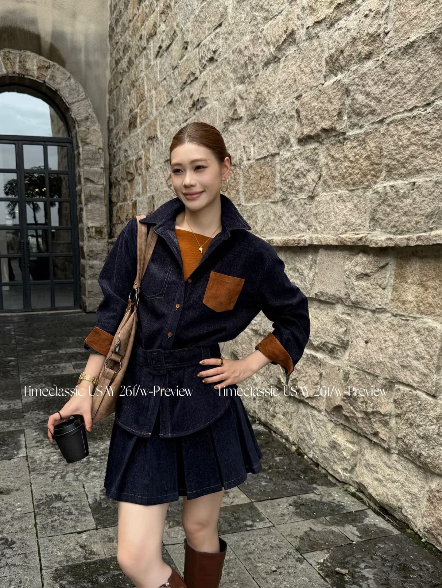 韩系新时尚高品质设计感翻领牛仔拼色口袋衬衫系带外套百褶裙套装