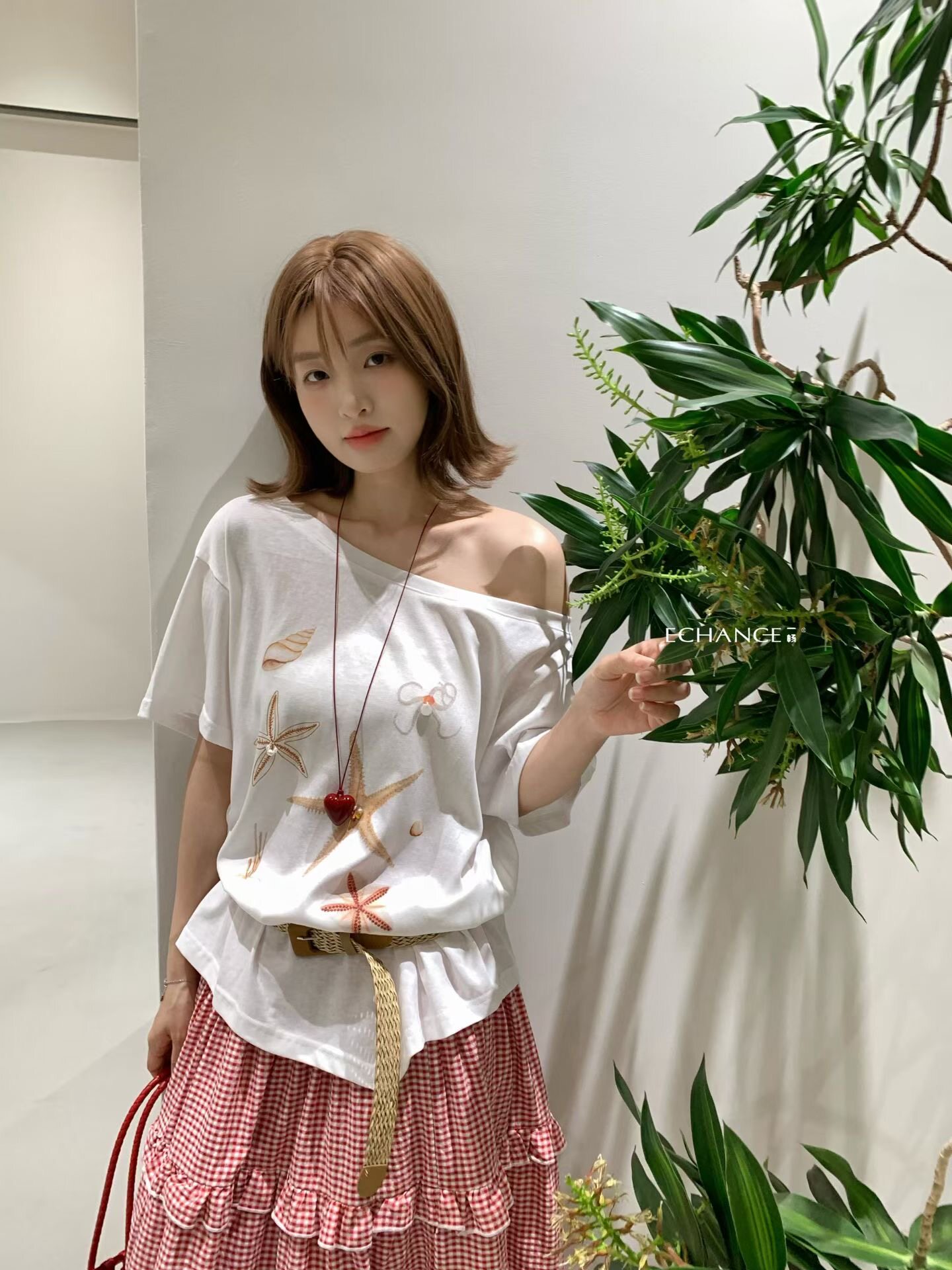 SY韩系新款时尚高品质一字斜刺绣海星短袖T恤女宽松系带百搭上衣