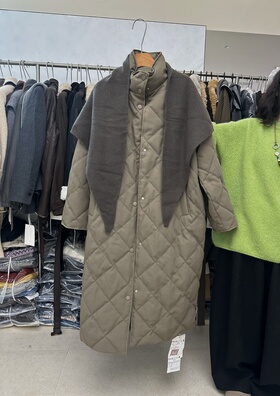 SY韩系新款时尚高品质菱格纹羽绒服外套中长款国标外套带披肩大衣