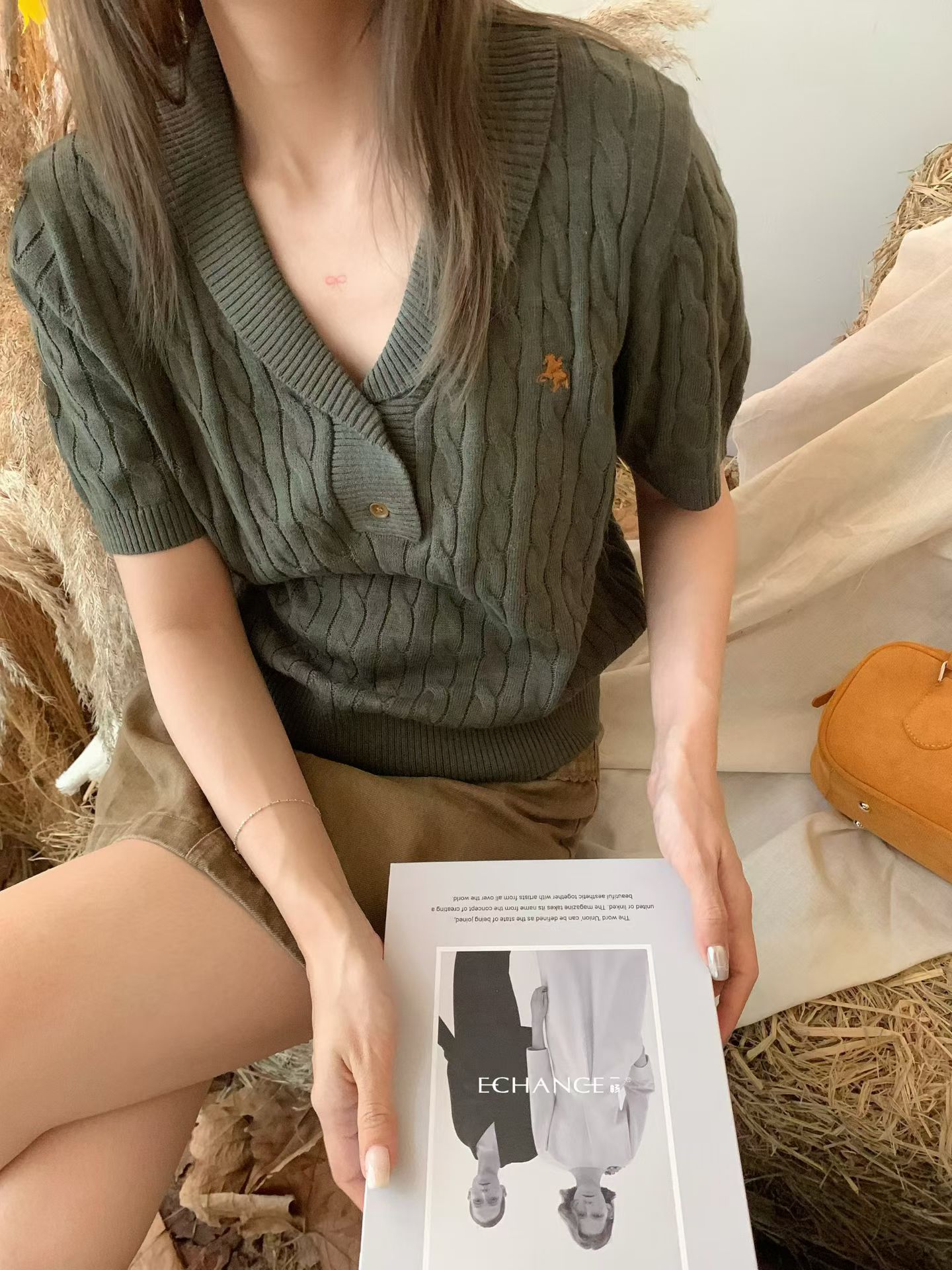 韩系新款时尚高品质复古青果领刺绣麻花百搭显瘦短袖套头针织毛织