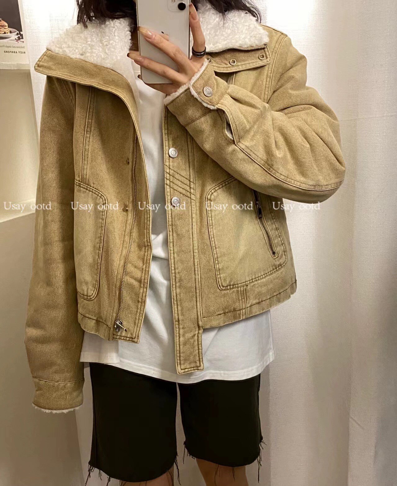 港式秋冬女新款小清新气质可立领牛仔加绒短款保暖外套大衣女