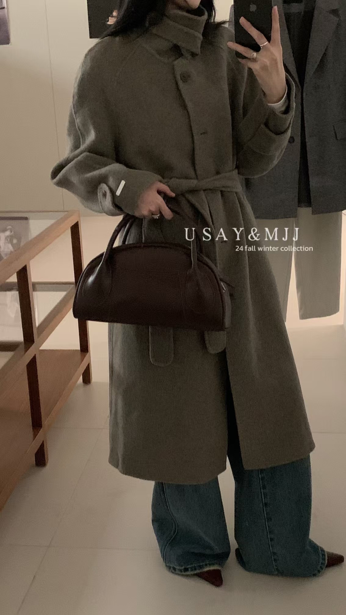 韩系新款精致高级气质双面羊绒大衣中长款外套呢子收腰系带显瘦女