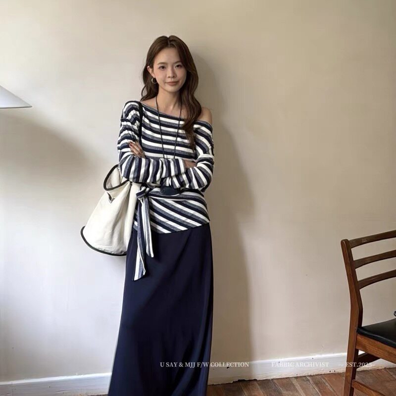 SY韩系新时尚设计感小众一字肩长袖宽松版带上衣高腰半身裙两件套