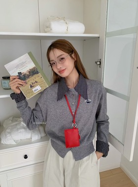 SY法式复古通勤格子衬衫领针织刺绣可爱卡通字母开衫学院风上衣女