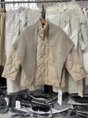 SY韩系新款时尚高品质立领菱格纹宽松休闲保暖带披肩羽绒外套大衣