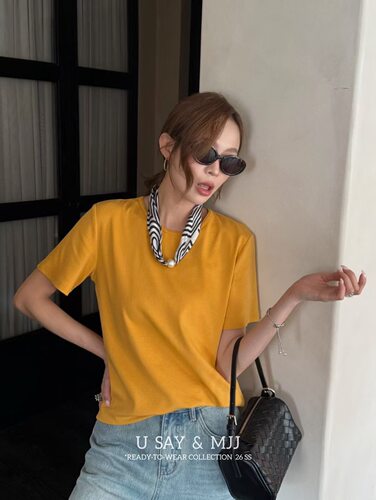 SY韩系新款时尚高品质圆领休闲百搭纯色短袖T恤女加丝巾上衣