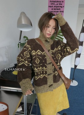 SY韩系新款时尚小众复古提花毛衣费而岛高品质拼色牛角扣针织开衫