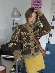 小众复古提花毛衣费而岛高品质拼色牛角扣针织开衫 SY韩系新款 时尚