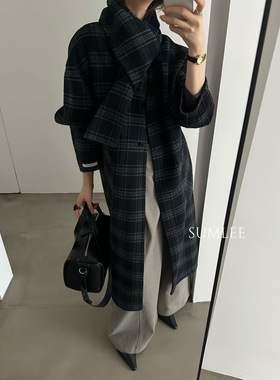 SY韩系新款时尚小众格子V领带围脖羊绒两面穿外套高品质大衣女