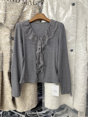 SY韩系新款时尚百搭高品质V领蕾丝花边打底磨毛上衣设计感小众女