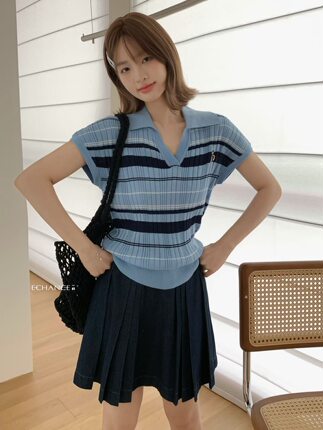 SY韩系新款时尚高品质撞色条纹polo领短袖针织T恤甜美上衣女
