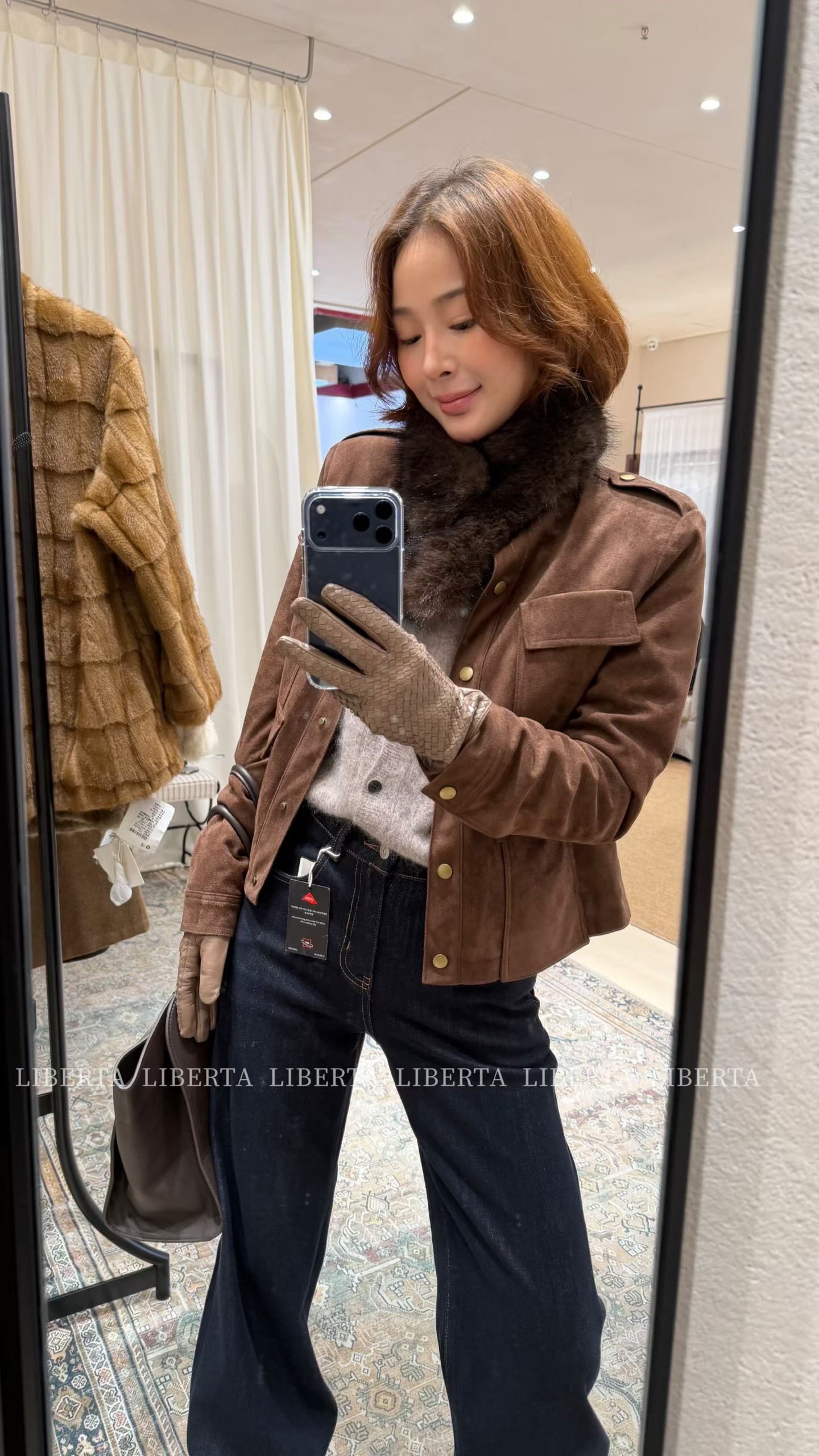 韩系新款时尚高品质陪毛领麂皮短款小个子外套女双口袋夹克大衣女