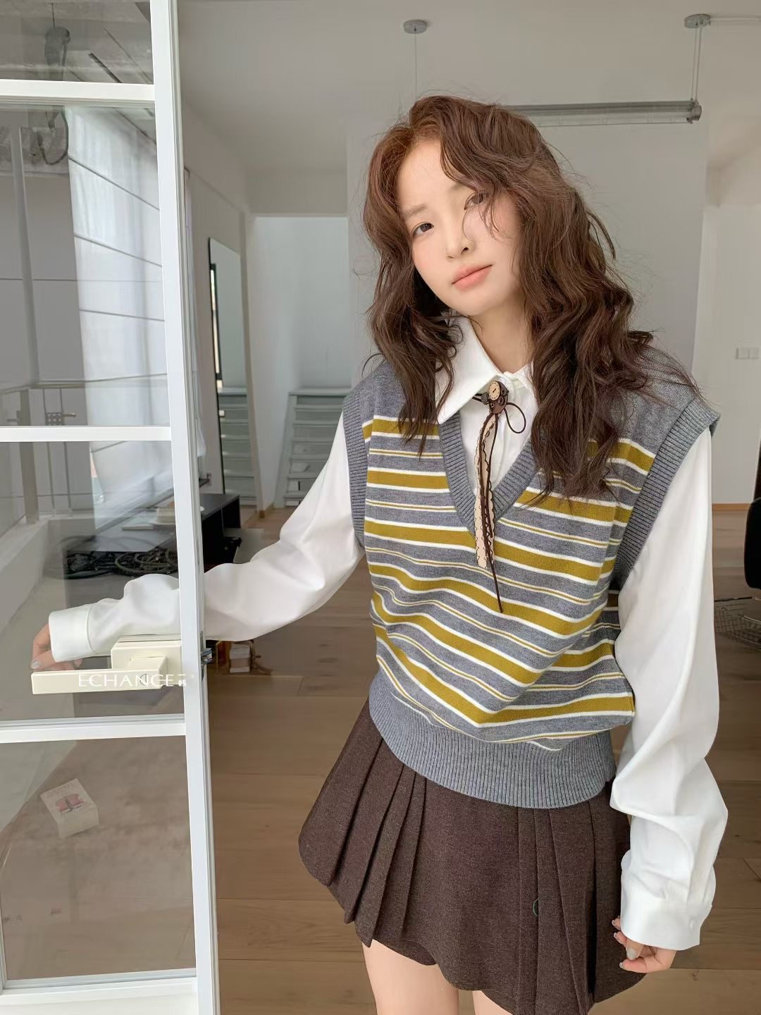 SY韩系新款时尚高品质V领条纹拼色假两件针织毛衣拼接衬衫上衣