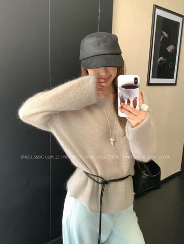 SY韩系新时尚设计感圆领长袖马海毛针织衫毛衣气质羊毛带腰带上衣