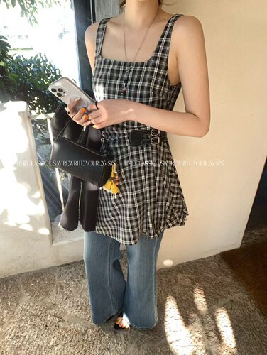 SY韩系新款时尚格子收腰显瘦不规则无袖背心连衣裙气质短款A字裙